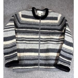 VTG Susan Bristol Hand Embroidered Wool Cardigan Womens M Striped Neutral Cozy